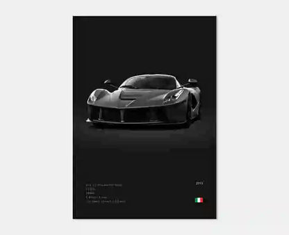 Black and white image of a sports car on a dark background